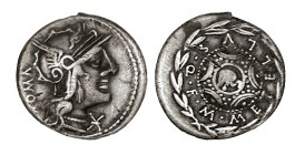 CAECILIA. Denario. M.Caecilius Metellus Q.F. Roma. CD-280. 3,76 g. Rayita en rev. MBC