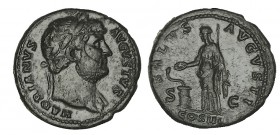 ADRIANO. As. R/ Salus con cetro a izq. alimentando a una serpiente en un altar. Ly.: SALVS AVGVSTI COS III SC. SM-3692. Pát. oscura. 12,59 g. MBC+