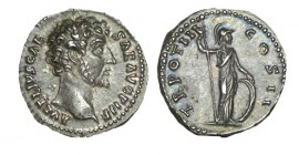 MARCO AURELIO. Denario. R/ Minerva a dcha. con lanza y sosteniendo escudo apoyado en el suelo. Ly.: TR POT III COS II. SII-618. 3,20 g. EBC+