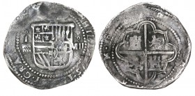 8 REALES.Segovia. s/f. A/. I, superada de roel, sobre acueducto a izq. del escudo. Valor VIII superado de roel a dcha. XC - 165. 26,81 g. RARA (MBC)