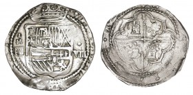 8 REALES. Segovia. s/f. A/. I sobre M encima del acueducto a izq. del escudo. Valor VIII superado de roel a dcha. XC - 166. 27,03 g. MUY ESCASA (MBC)