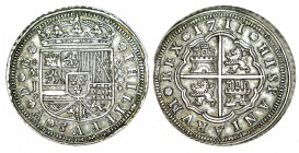 8 REALES. Madrid. 1711-J. XC-687. 26,10 g. Dos rayitas en rev. Bello ejemplar de bonita pát. RARA(EBC+)