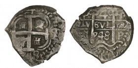 4 REALES. Potosí. 1748 - q. XC - 435. 13,50 g. ESCASA (MBC)
