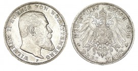 ALEMANIA. 3 Marcos. Wuerttemberg. Guillermo II. 1914-F. W/KM-635. 16,68 g. EBC+/SC