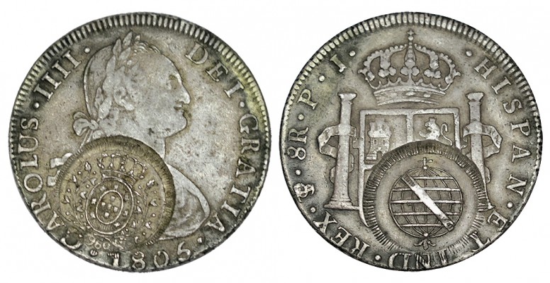 RESELLO 960 REIS. Minas Gerais sobre 8 Rls. Carlos IV. Potosí. 1805-PJ. W/KM-242...