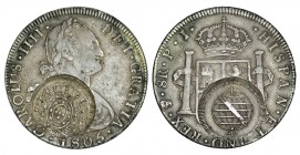 RESELLO 960 REIS. Minas Gerais sobre 8 Rls. Carlos IV. Potosí. 1805-PJ. W/KM-242. 26,95 g. Resello EBC, moneda MBC+