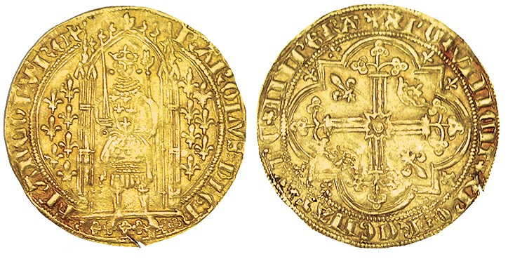 FRANCIA. Franco a pié. Carlos V. A/ Ly.: CAROLVS DI GR FRANCORV REX. R/ Ly.:XPC ...