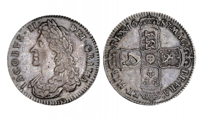 GRAN BRETAÑA. 1/2 Corona. James II. 1687. W/KM-452. 14,54 g. Bonito tono. MBC+