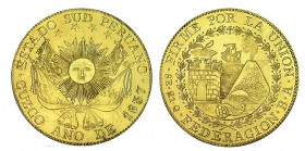 PERÚ. 8 Escudos. Cuzco (Federación). 1837-BA. Ley. del canto en relieve. CO-2080, W/KM-170.1. 26,98 g. Hojitas en anv. Pequeña marquita en anv. y rev....
