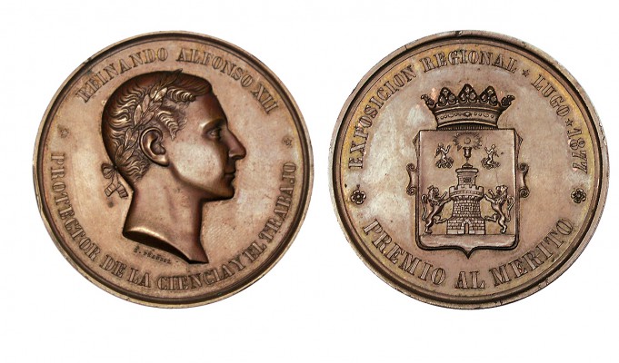 ALFONSO XII. Exposición Regional Lugo. 1877. Premio al mériro. Gr. L.Plañiol. Co...