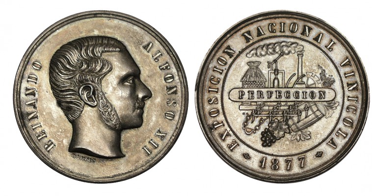 ALFONSO XII. Exposición Vinícola. 1877. "A la perfección". Metal blanco. ¿Plata?...