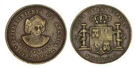 FILIPINAS. RECUERDO DEL IV CENTENARIO DESCUBRIMIENTO DE AMERICA. Rev. valor 4 Pesos. Bronce. 22 mm. 3,98 g. MBC+