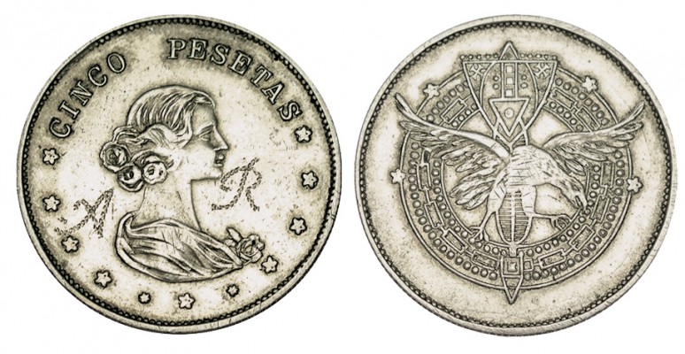 FICHA DE CASINO. 5 Pesetas. Personalizada, iniciales A-R a los lados de busto fe...