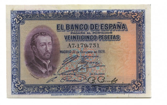 25 PESETAS. 12 octubre 1926. S/A 731. Sello en seco de REPÚBLICA ESPAÑOLA. B-118...
