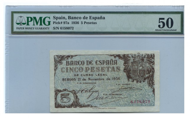 5 PESETAS. Burgos. 21 Nov. 1936. S/serie. Nº 6.158.072. D-18. EBC-