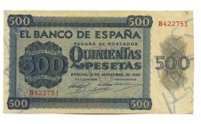 500 PESETAS. Burgos. 21 noviembre 1936. S/B 751. D-23a. Planchado y lateral dcho. Recortado. EBC