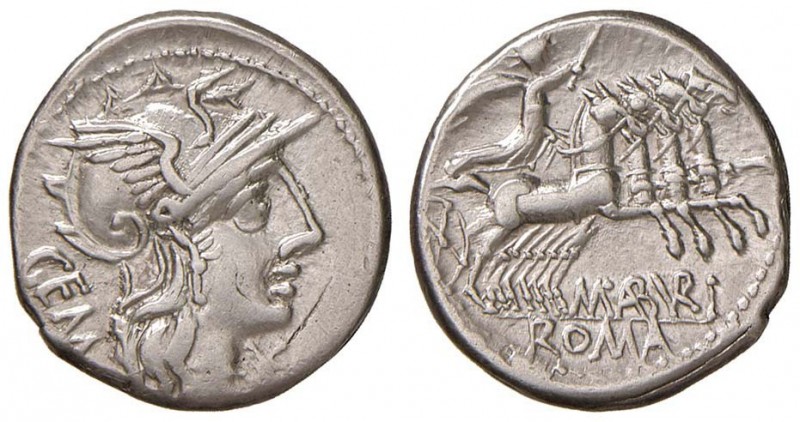 Aburia - B. Aburius Geminus - Denario (132 a.C.) - Testa di Roma a d. - R/ Il So...