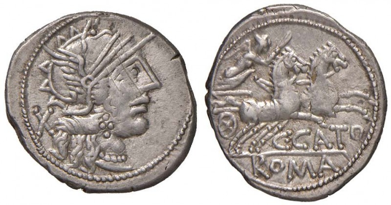 Porcia - C. Cato - Denario (123 a.C.) Testa di Roma a d. - R/ La Vittoria su big...