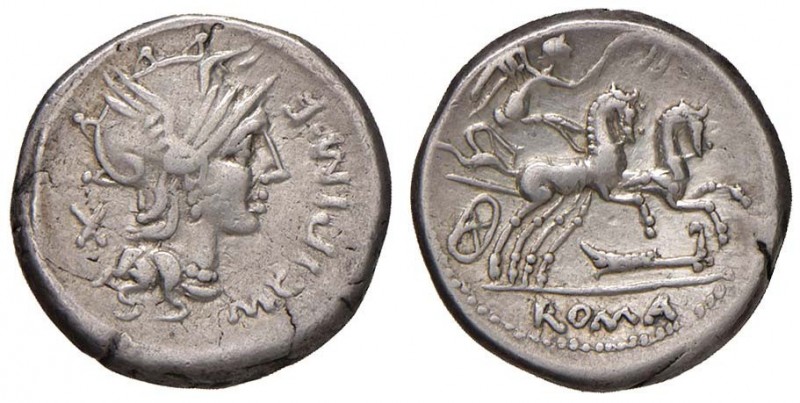 Cipia - M. Cipius M. f. - Denario (115-114 a.C.) Testa di Roma a d. - R/ La Vitt...