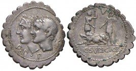 Sulpicia - C. Sulpicius C. f. Galba - Denario (106 a.C.) Teste degli dei Penati a s. - R/ Due soldati stanti, tra loro, una scrofa - B. 1; Cr. 312/1 A...