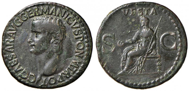 Caligola (37-41) Asse - Testa a s. - R/ VESTA, Vesta seduta a s. - RIC 38 AE (g ...