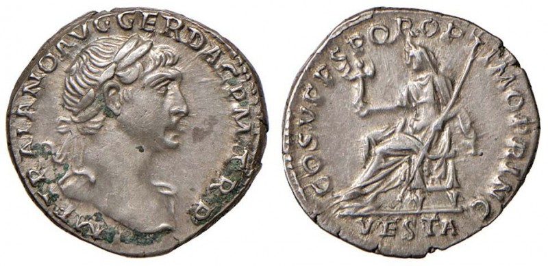 Traiano (103-111) Denario - Busto laureato a d. - R/ Vesta seduta a s. - RIC 108...