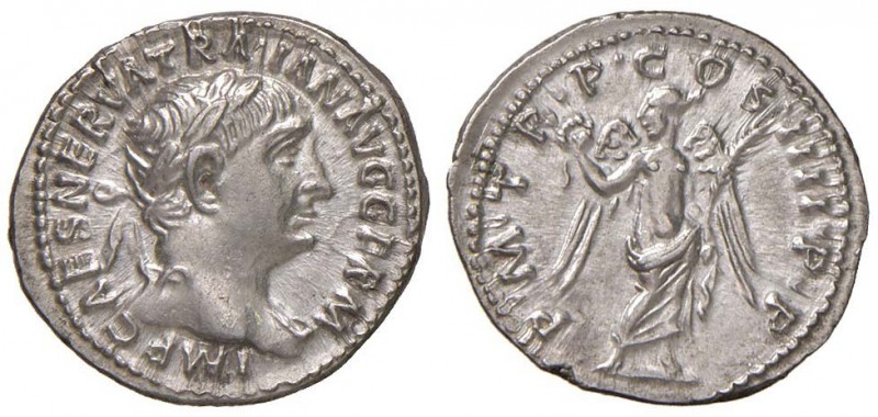 Traiano (98-117 d.C.) Denario - Testa laureata a d. - R/ La Vittoria andante a s...