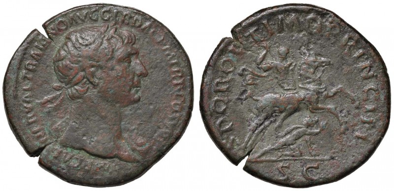 Traiano (98-117) Sesterzio - Busto laureato a d. - R/ Traiano su cavallo a d., a...