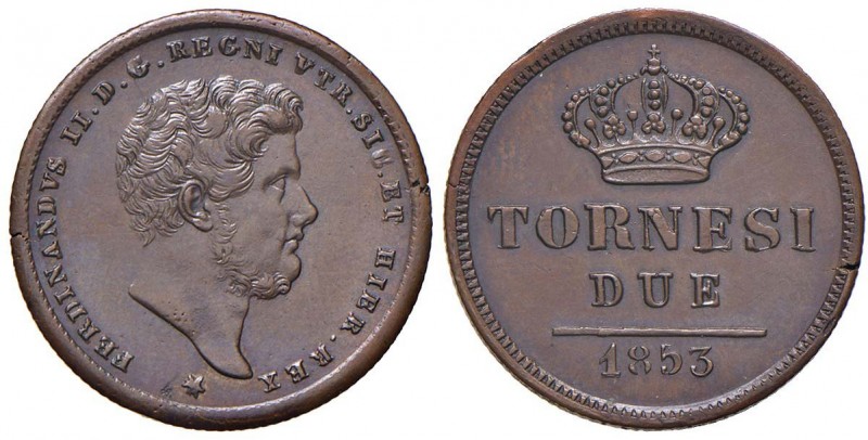 NAPOLI Ferdinando II (1830-1859) 2 Tornesi 1853 - Magliocca 741 CU (g 6,40)
SPL...