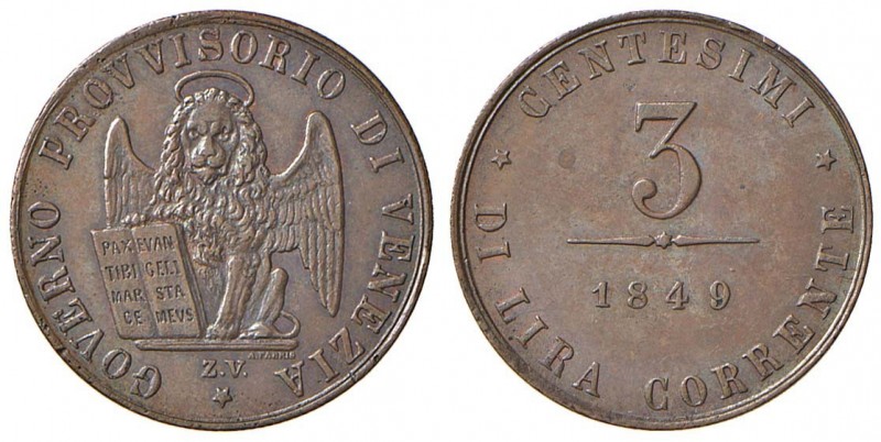 VENEZIA Governo provvisorio (1848-1849) 3 Centesimi 1849 - Gig. 10 CU (g 2,75)
...