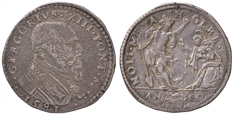 Gregorio XIII (1572-1585) Ancona - Testone 1581 - Munt. 201 AG (g 9,14) RR Poros...