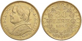 Pio IX (1846-1878) 20 Lire 1869 A. XXIII - Nomisma 849 AU (g 6,44) Minimi colpetti al bordo
BB+/SPL