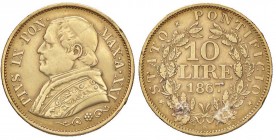 Pio IX (1846-1878) 10 Lire 1867 A. XXI - Nomisma 854 AU (g 3,17) RR Da montatura, pesantemente lucidato
MB
