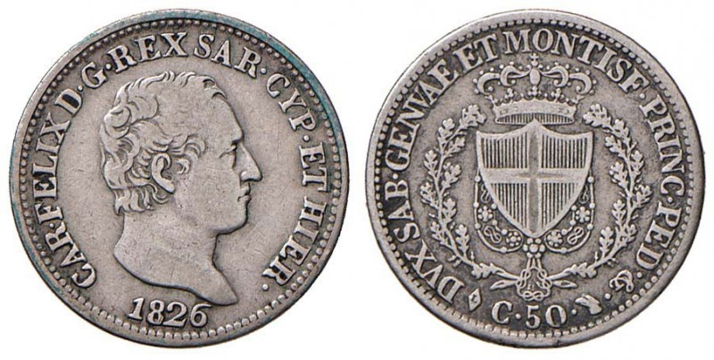 Carlo Felice (1821-1831) 50 Centesimi 1826 T L - Nomisma 602 AG
MB