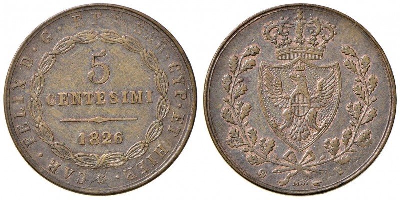 Carlo Felice (1821-1831) 5 Centesimi 1826 T (P) - Nomisma 616 CU RR Minimi graff...