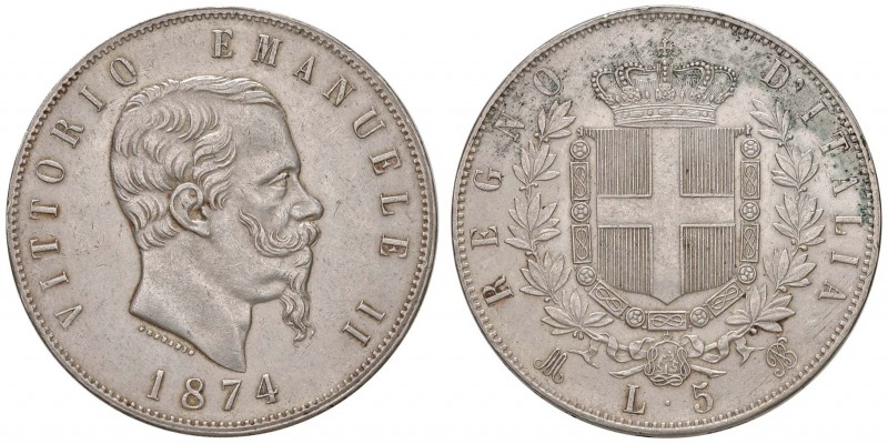 Vittorio Emanuele II (1861-1878) 5 Lire 1874 M - Nomisma 896 AG Graffi diffusi, ...