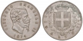 Vittorio Emanuele II (1861-1878) 5 Lire 1874 M - Nomisma 896 AG Graffi diffusi, macchie al R/
BB