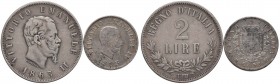 Vittorio Emanuele II (1861-1878) 2 Lire 1863 T Valore e 50 centesimi 1863 M stemma - Lotto di due monete come da foto, il 2 lire presenta segni di pul...