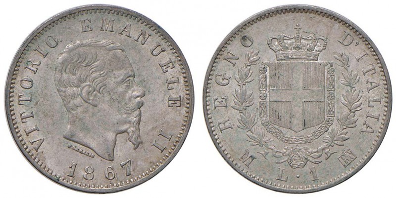 Vittorio Emanuele II (1861-1878) Lira 1867 M - Nomisma 915 AG Macchie verde, min...