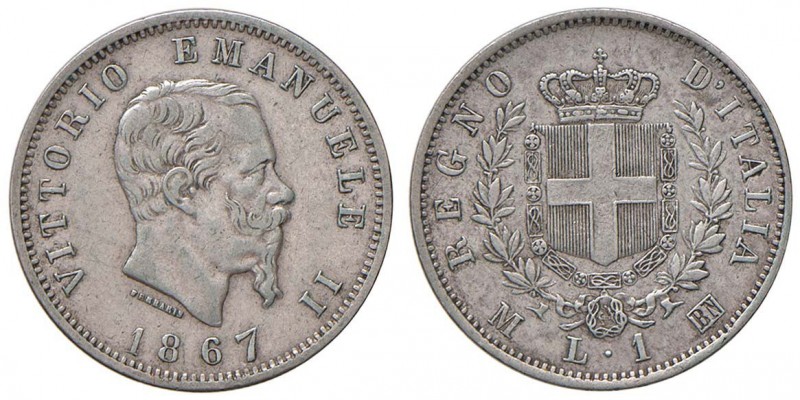 Vittorio Emanuele II (1861-1878) Lira 1867 M - Nomisma 915 AG
qBB/BB