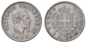 Vittorio Emanuele II (1861-1878) 50 Centesimi 1863 T stemma - Nomisma 924 AG R Colpi al bordo, graffi al D/
qBB