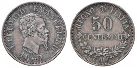 Vittorio Emanuele II (1861-1878) 50 Centesimi 1867 M valore - Nomisma 929 AG Colpetto al bordo
SPL