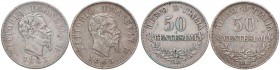 Vittorio Emanuele II (1861-1878) 50 Centesimi 1863 M e 50 Centesimi 1863 T Valore - AG Lotto di due monete. Pesante graffio al D/ nella prima
qBB
