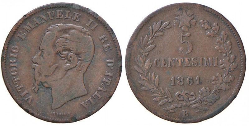 Vittorio Emanuele II (1861-1878) 5 Centesimi 1861 B - Nomisma 953 CU RR Colpi al...