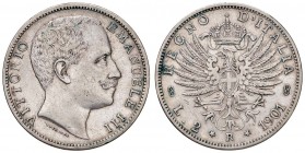 Vittorio Emanuele III (1900-1946) 2 Lire 1901 - Nomisma 1151 AG RR Colpetti al bordo. Graffi al R/, segni diffusi. Leggermente lucidata
qBB