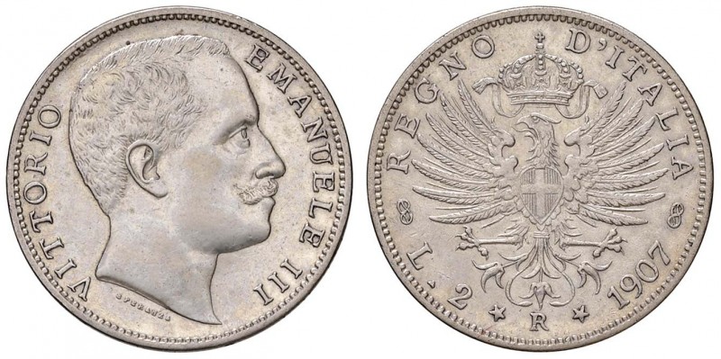 Vittorio Emanuele III (1900-1946) 2 Lire 1907 - Nomisma 1157 AG Pesantemente luc...