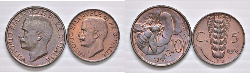 Vittorio Emanuele III (1900-1946) 5 e 10 Centesimi 1928 - CU Lotto di due monete...