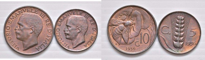 Vittorio Emanuele III (1900-1946) 5 e 10 Centesimi 1936 - CU Lotto di due monete...