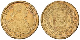 COLOMBIA Ferdinando VII (1808-1821) 8 Escudos 1819 Popayan - Cal. 1824; Fr. 61 AU (g 26,93) Colpi al bordo. Screpolatura e graffietti al D/. Screpolat...