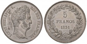 FRANCIA Luigi Filippo (1830-1848) 5 Franchi 1831 Essai - Gad. 657 Metallo bianco (g 19,60) R Segni da pulitura. Screpolatura e difetti di coniazioni a...